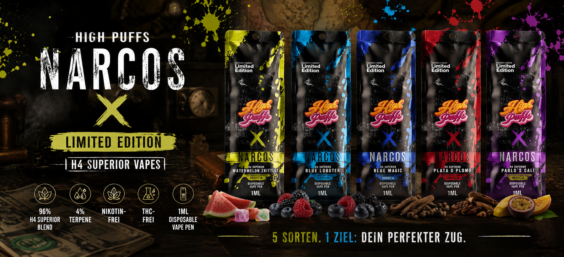 High Puffs Narcos Edition H4 Vapes in fünf Sorten vor dunklem Vintage-Hintergrund