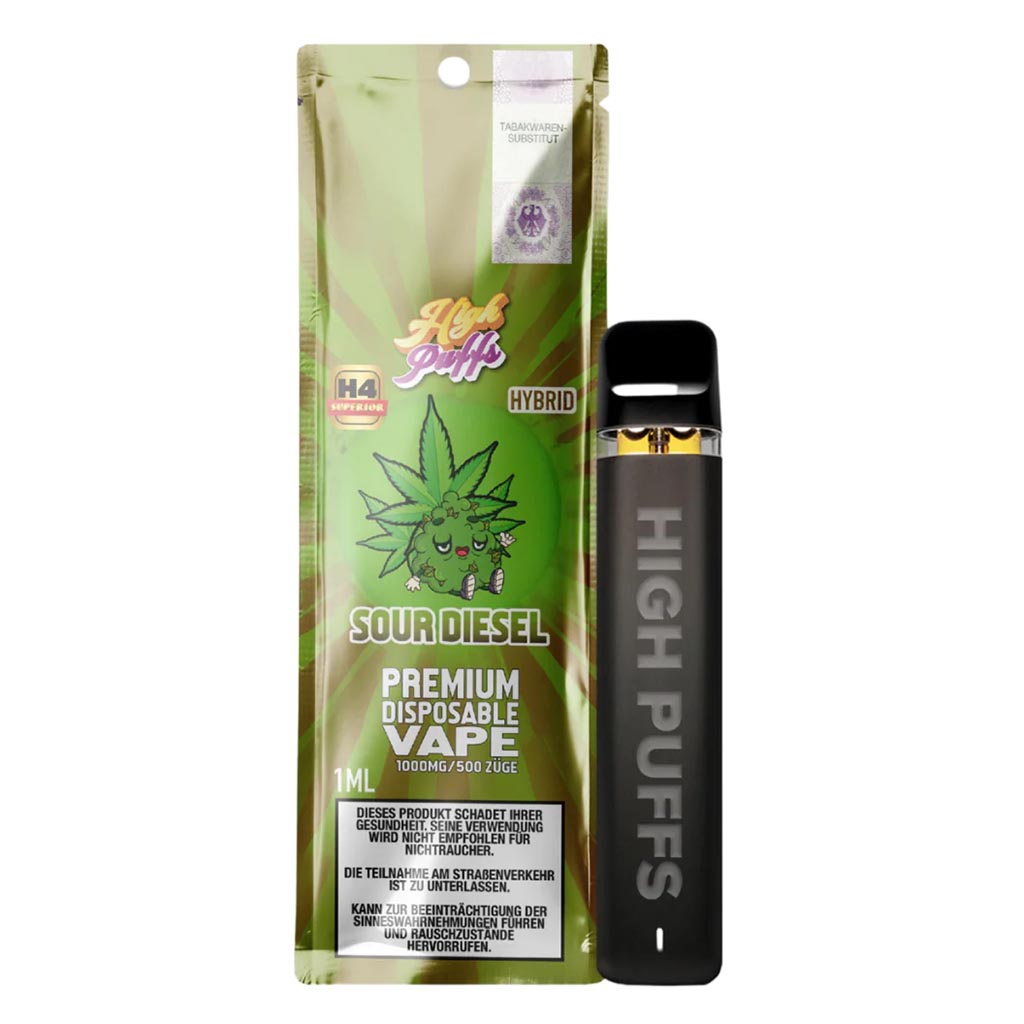 High Puffs H4 Superior Vape Sour Diesel 1ml Pen mit 96% H4 Superior Blend und 1000mg Stärke.