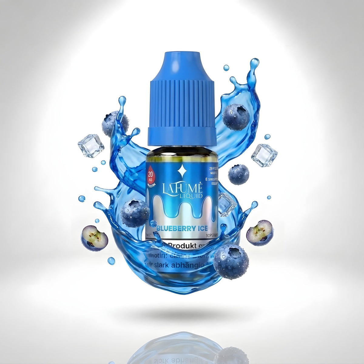 La Fume Liquid Blueberry Ice 20 mg/ml, Flasche im farbigen Flüssigkeitssplash