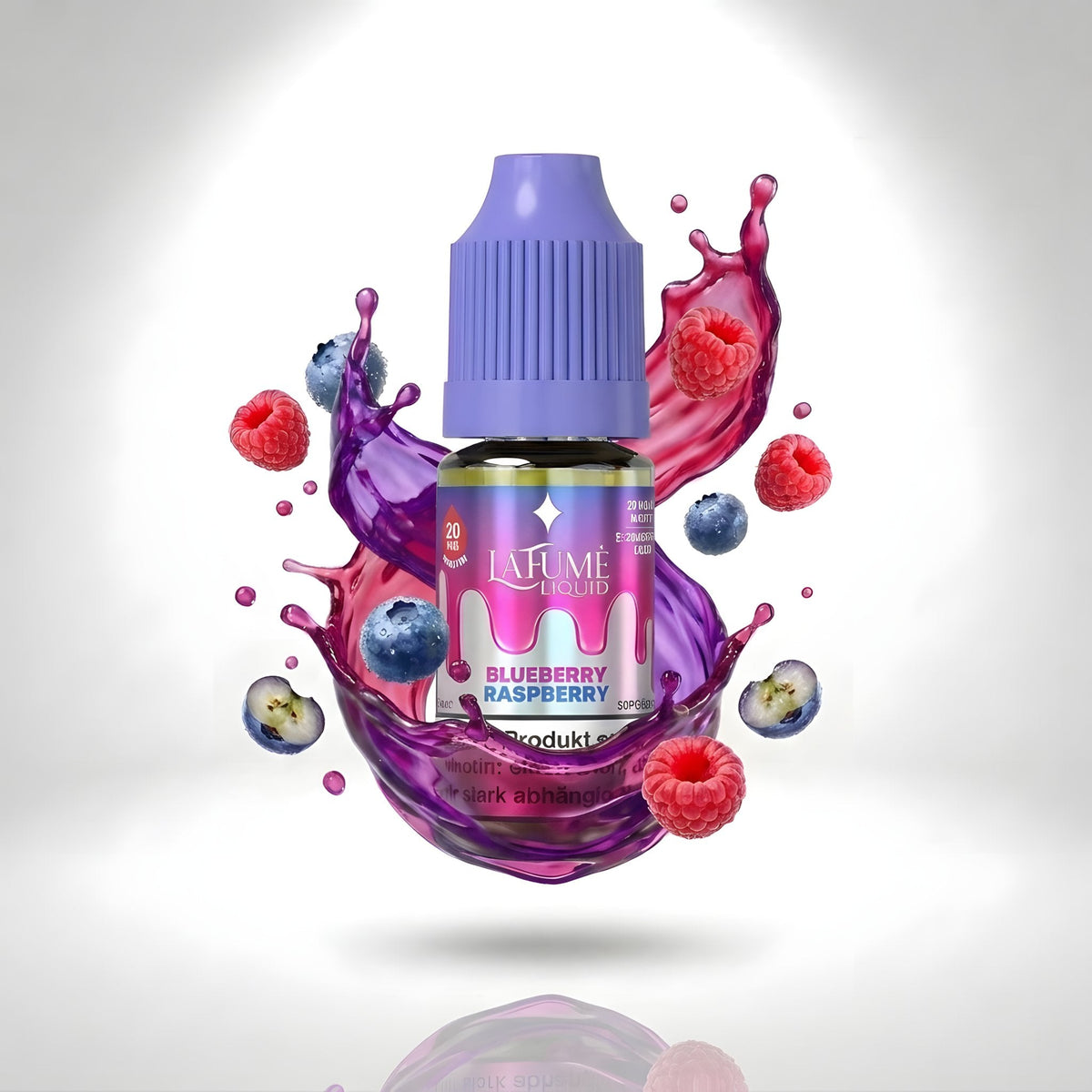 La Fume Liquid Blueberry Raspberry 20 mg/ml, Flasche im farbigen Flüssigkeitssplash