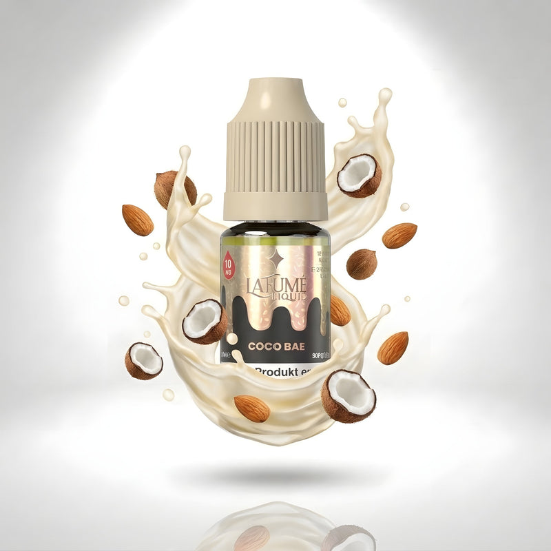 La Fume Liquid Coco Bae 10 mg/ml, Flasche im farbigen Flüssigkeitssplash