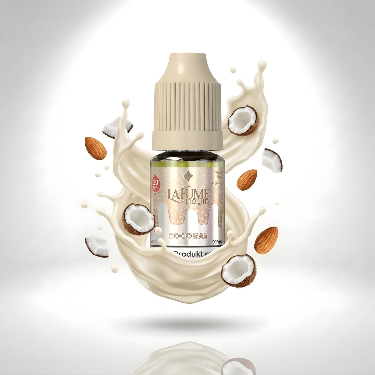 La Fume Liquid Coco Bae 20 mg/ml, Flasche im farbigen Flüssigkeitssplash