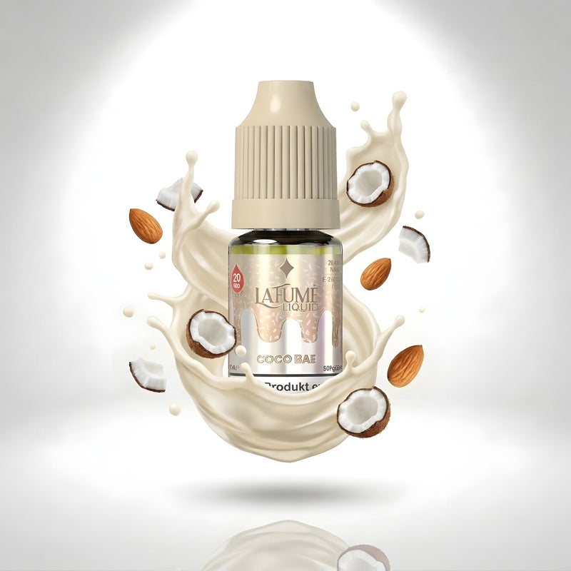 La Fume Liquid Coco Bae 20 mg/ml, Flasche im farbigen Flüssigkeitssplash