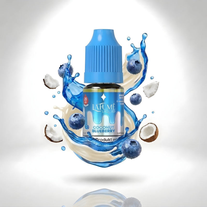 La Fume Liquid Coconut Blueberry 20 mg/ml, Flasche im farbigen Flüssigkeitssplash