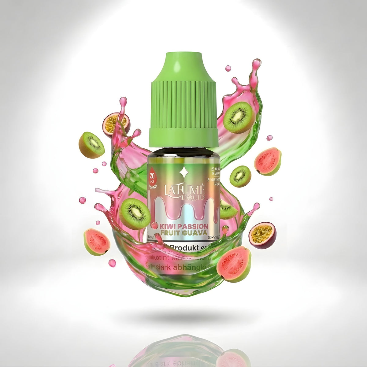 La Fume Liquid Kiwi Passionfruit Guava 20 mg/ml, Flasche im farbigen Flüssigkeitssplash
