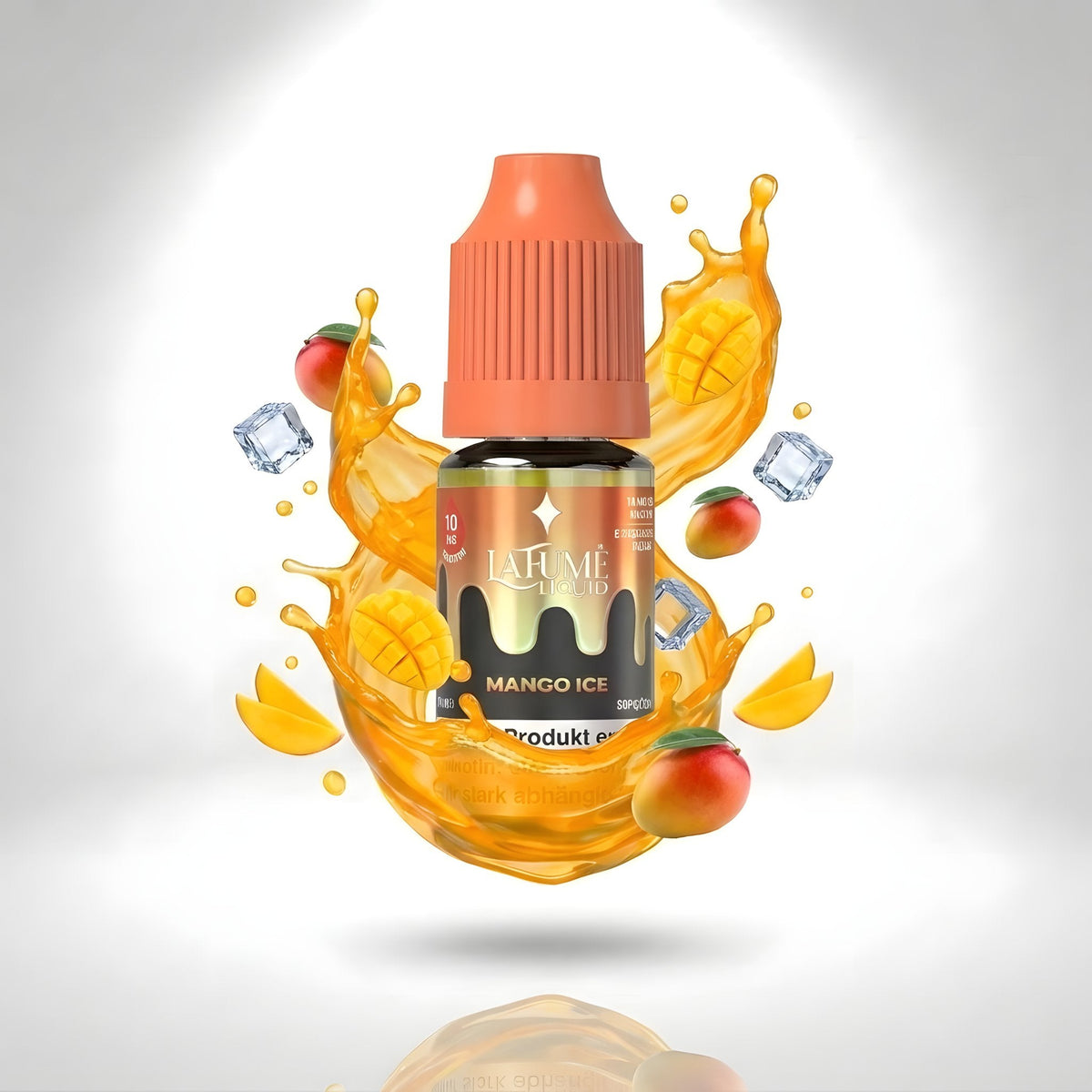 La Fume Liquid Mango Ice 10 mg/ml, Flasche im farbigen Flüssigkeitssplash