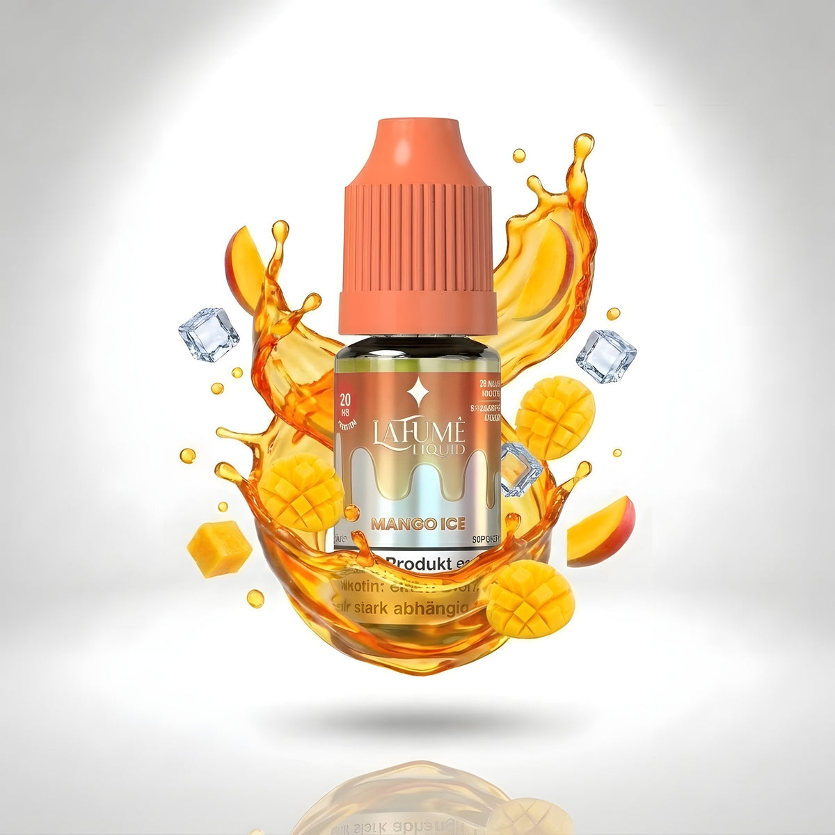 La Fume Liquid Mango Ice 20 mg/ml, Flasche im farbigen Flüssigkeitssplash
