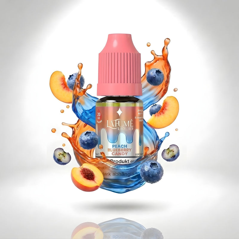 La Fume Liquid Peach Blueberry Candy 20 mg/ml, Flasche im farbigen Flüssigkeitssplash