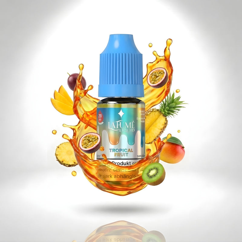 La Fume Liquid Tropical Fruit 20 mg/ml, Flasche im farbigen Flüssigkeitssplash