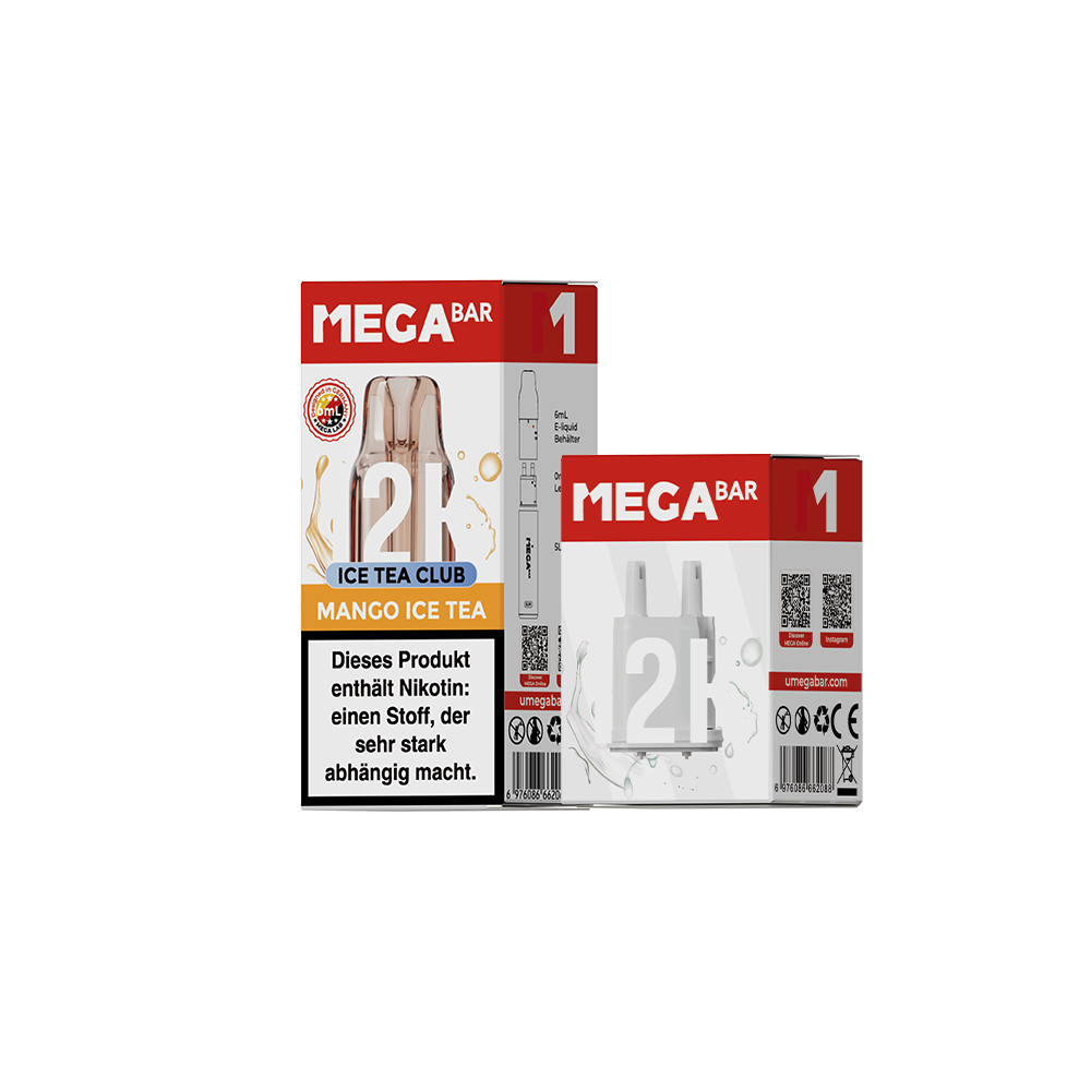MEGABAR SLIM 12K Pod Mango Ice Tea mit 6-ml-Liquidbehälter und Leerpod